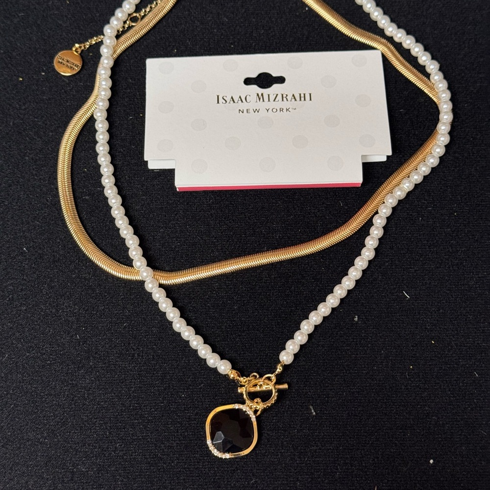 Isaac Mizrahi Gold and White Pearl multi layer Necklace 17-20 inch